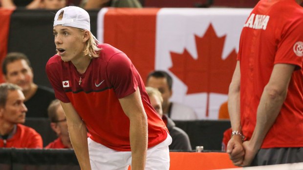 Canada's Denis Shapovalov is shocked after hitting the chair umpire in the eye with a ball and forfeiting his Davis Cup singles match.