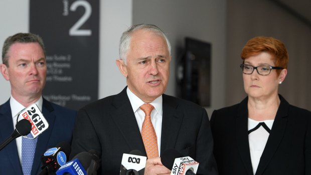 Prime Minister Malcolm Turnbull with Minister for Defence Industry Christopher Pyne (left) and Defence Minister Marise Payne at the 2017 Pacific International Maritime Exposition in Sydney on Tuesday