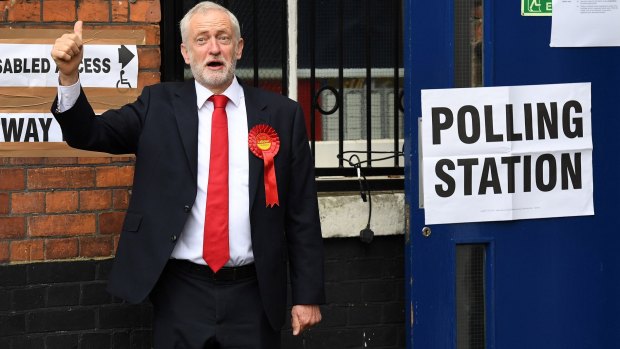 Labour Party leader Jeremy Corbyn casts his vote at a polling station at Pakeman Primary School, London, on June 8.