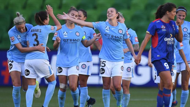 City celebrate a goal in their 5-2 rout of the Newcastle Jets. 
