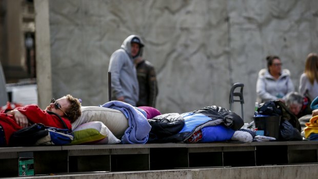 Homeless protesters at the City Square on Friday  after City of Melbourne officers ordered the removal of their camp.