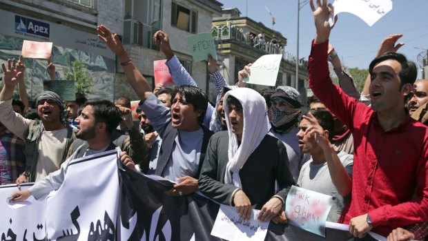 Protesters shout anti government slogans during a demonstration to protest against the lack of security in Kabul.