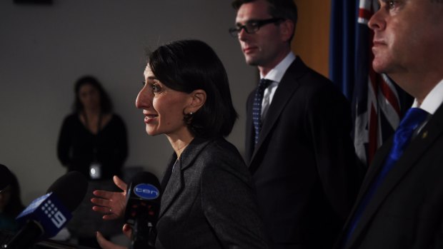 Premier Gladys Berejiklian, Treasurer Dominic Perrottet and Housing and Planning Minister Anthony Roberts announcing a housing affordability package in May.
