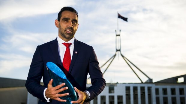 Goodes on the Parliament House lawn as Australian of the Year 2014.