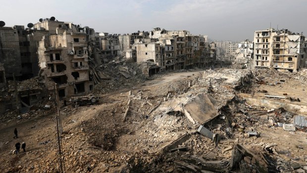 Rubble is all that remains of high rise apartment buildings in the once rebel-held Ansari neighbourhood of eastern Aleppo.