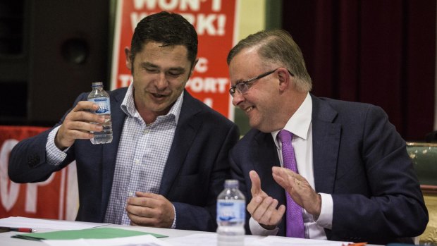 The Greens' Jim Casey and Labor's Anthony Albanese at a Stop WestConnex meeting.