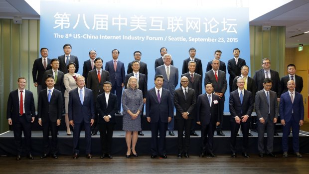 Chinese President Xi Jinping, front centre, told executives at Microsoft's main campus in Redmond, Washington in 2015, China advocated co-operation in development of the internet in line with China's 'national realities'.