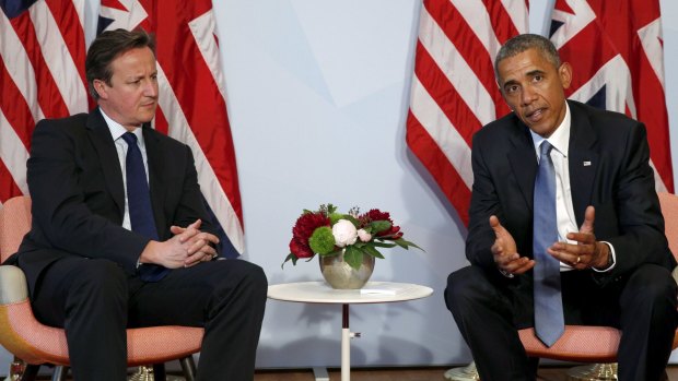 US President Barack Obama with British Prime Minister David Cameron at the G7 Summit in Germany on Sunday.