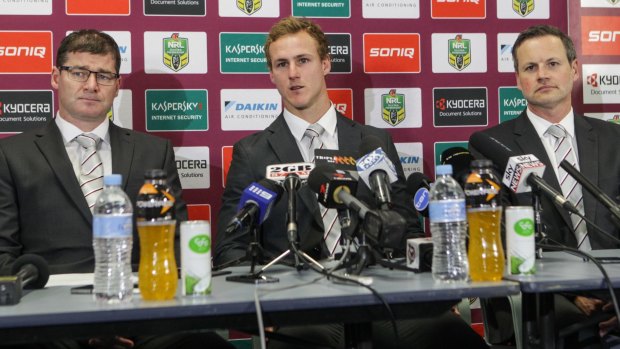 Money talks: Manly halfback Daly Cherry-Evans flanked by club CEO Joe Kelly (left) and chairman Scott Penn, has become the highest-paid player in rugby league.