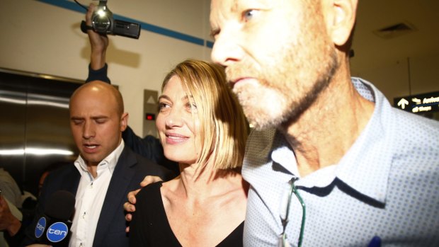 Tara Brown and Stephen Rice arrive at Sydney International Airport after the Beirut saga.