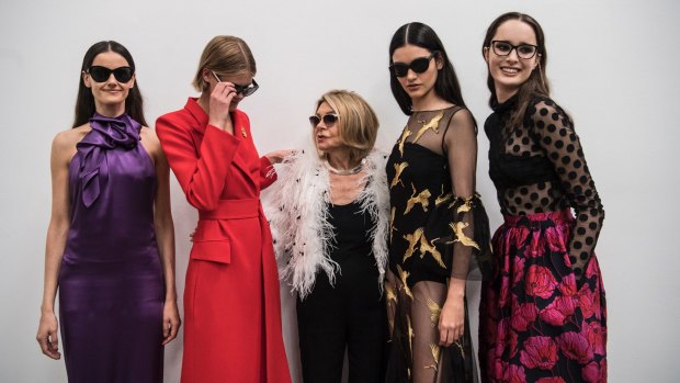 Carla Zampatti surrounded by models at her winter 2018 collection and the launch of her collaboration with Specsavers on Wednesday.