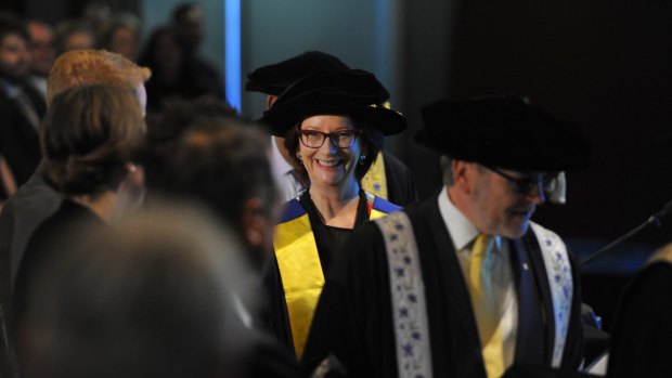 Julia Gillard receives an honorary doctorate at the University of Canberra in 2015.