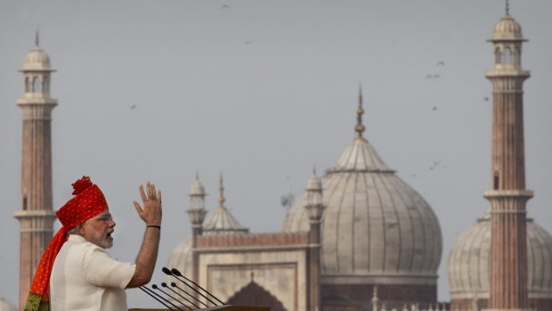 Indian Prime Minister Narendra Modi addresses the nation from the ramparts of the historical Red Fort in New Delhi. 