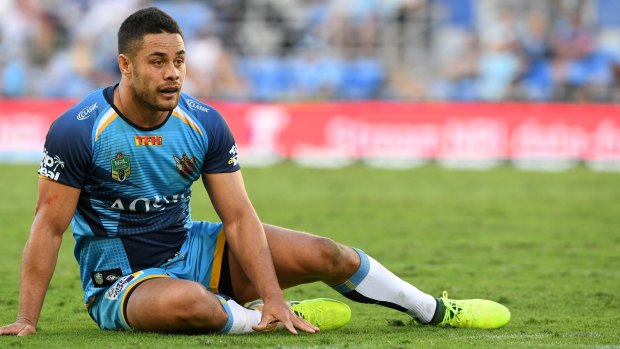 Down and out: Jarryd Hayne plays spectator at Cbus Stadium.