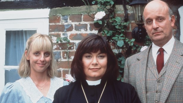 Alice Tinker (Emma Chambers), vicar Geraldine (Dawn French) and David Horton (Gary Waldhorn) in <i>The Vicar of Dibley</i>.