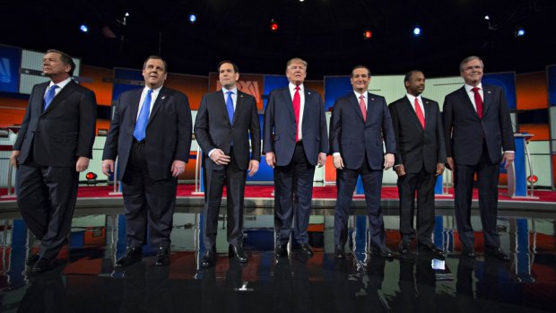 2016 Republican presidential candidates, from left, John Kasich, Chris Christie, Senator Marco Rubio, Donald Trump, Senator Ted Cruz, Ben Carson and Jeb Bush.