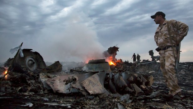 The wreckage of Malaysia Airlines Flight 17 on July 17, 2014.