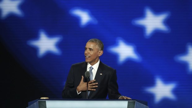 US President Barack Obama speaks on day three of the Democratic National Convention in Philadelphia.