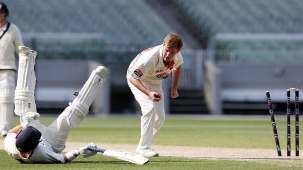 Unlucky: Bushranger Marcus Harris is run out after scoring a century in his first innings knock.