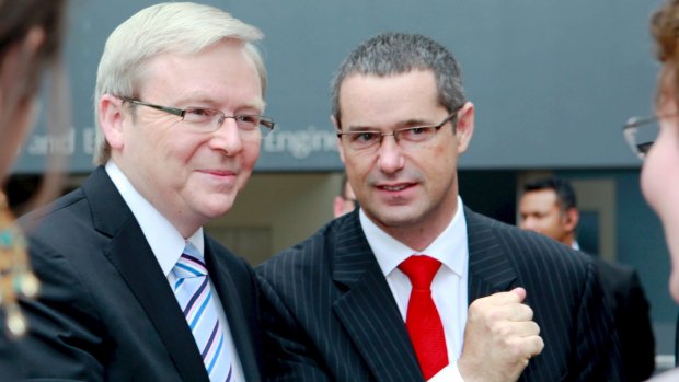 Former prime minister Kevin Rudd with then communications minister Stephen Conroy in 2009. 