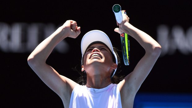 Hot shot: Su-Wei Hsieh celebrates her shock win over Garbine Muguruza in the Melbourne heat.