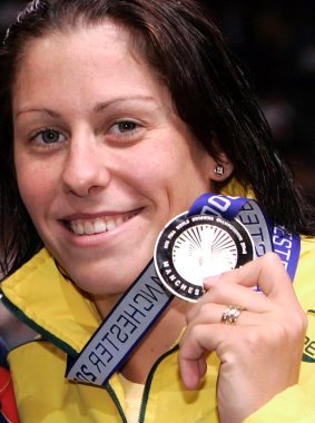 Jade Edmistone poses with her silver medal after the 100m breaststroke final at the FINA Swimming World Championships in Manchester, 2008. 