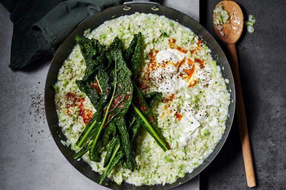 Broccoli  risotto topped with kale, harissa oil and goat's curd.