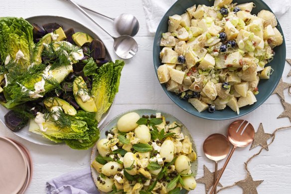 Potato salad, three ways (clockwise from left): Colourful cos and purple congo; classic Australian; Mediterranean, heavy on the artichoke.