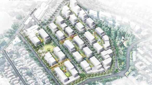 An artist's impression of St Leonards South, where family homes may be demolished to make way for 2400 apartments housed in towers up to 19 storeys high under a plan developed by Lane Cove Council.