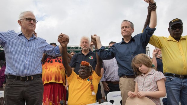 Malcolm Turnbull and Bill Shorten at the Garma Festival. Pearson says Turnbull is 'frozen' on Indigenous issues.