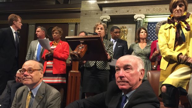 Democrat members of Congress, including (from left) Representatives Steve Cohen, Joe Courtney, and Rosa DeLauro, in the sit-down protest on the floor of the House on Capitol Hill,  Washington. 
