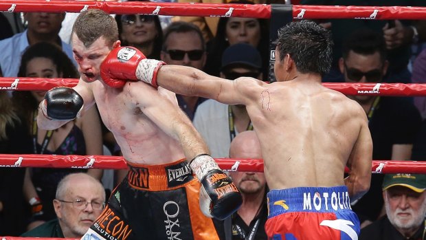 Jeff Horn took several blows to the head from Manny Pacquiao throughout the ninth round. 