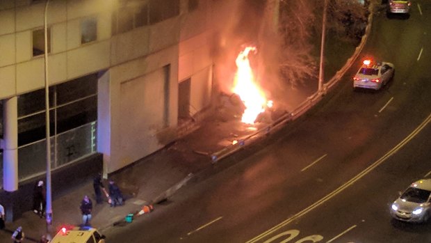The Nissan GT-R R35, which burst into flames after crashing near Darling Harbour.