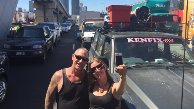Andrew Ford and Mandy McIvor take a selfie as traffic comes to a standstill on the approach to the West Gate Bridge.
