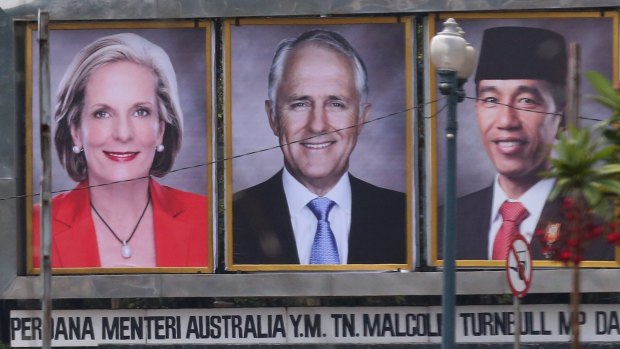 Prime Minister Malcolm Turnbull and his wife Lucy on a billboard with Indonesian President Joko Widodo near the presidential palace during their 2015 visit.