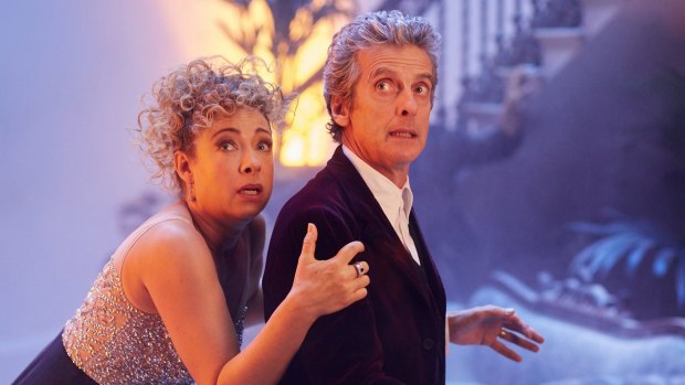 Alex Kingston as River Song and Peter Capaldi in Doctor Who.