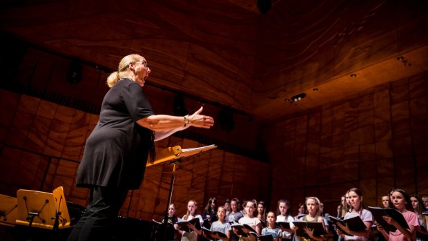 Swan song: Eltham East Primary School Choir director Anne Williams during rehearsal at the Melbourne Recital Centre.