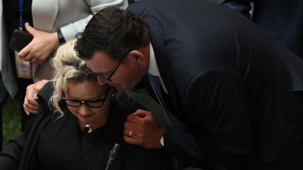 Victorian Premier Daniel Andrews and Health Minister Jill Hennessy, both supporters of assisted dying, after the historic vote.