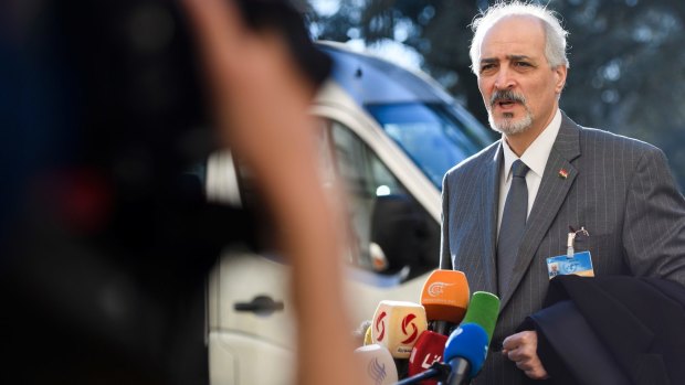 Syria's chief negotiator Bashar Ja'afari talks to the media in Geneva on Saturday.