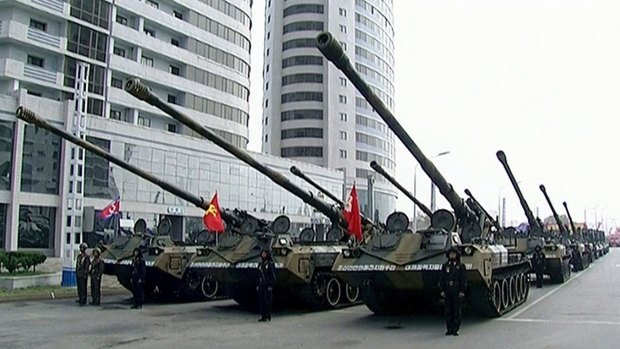 In this image made from video broadcast by North Korean broadcaster KRT, military tanks prepare for a parade at Kim Il-sung Square in Pyongyang on Saturday.