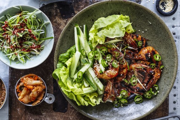 Neil Perry makes Korean lettuce wraps with barbecued king prawns.