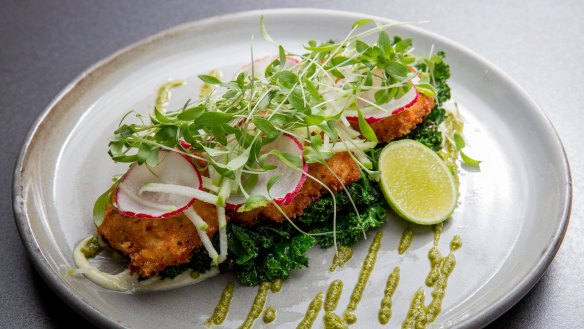 Chicken cotoletta with coriander pesto.