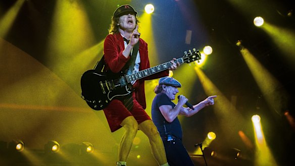 Angus Young performs during AC/DC's Rock or Bust World Tour at Etihad Stadium on December 6, 2015.