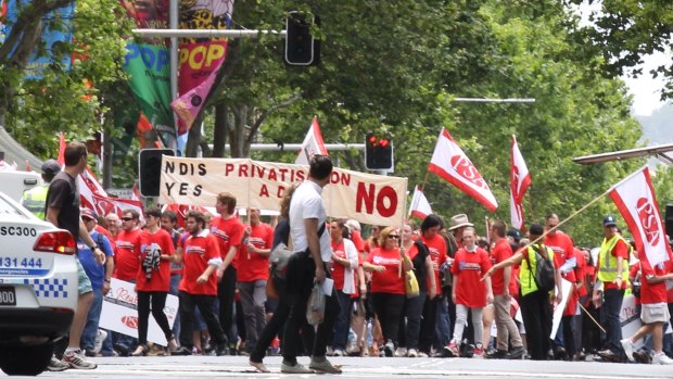 The Public Service Association staged a rally outside Parliament House in Sydney on Thursday in protest against the transfer of state government disability services to private operators.