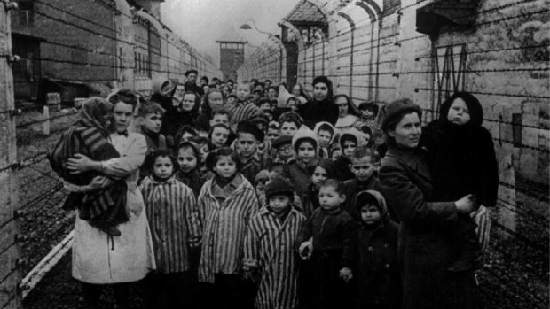 Survivors of Auschwitz shortly after the concentration camp's liberation in 1945.