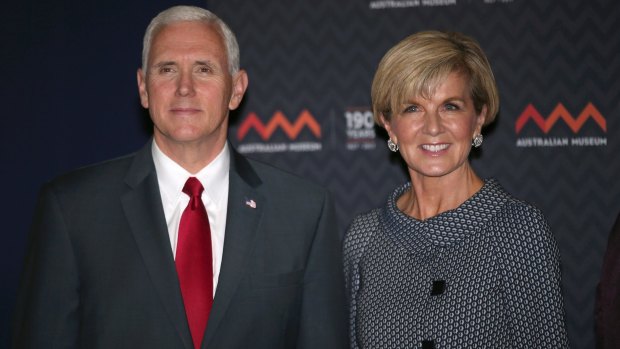 Foreign Minister Julie Bishop with US Vice President Mike Pence during his recent visit to Australia.