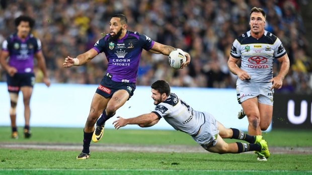 Josh Addo-Carr sets sail for the try line against the Cowboys.