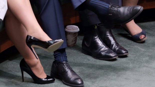 The culprit: The offending coffee cup, hidden behind Christopher Pyne's feet. 