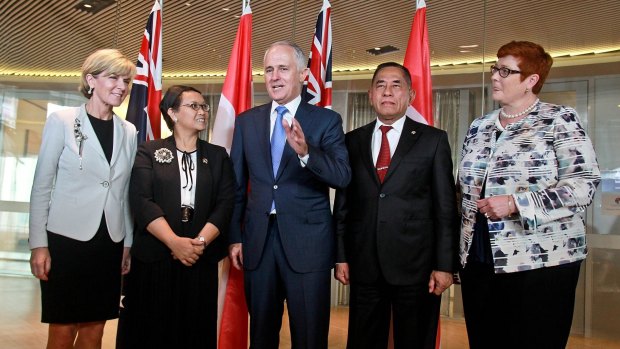 Foreign Minister Julie Bishop, Indonesian Foreign Minister Retno Marsudi, Prime Minister Malcolm Turnbull, Indonesian Defence Minister Ryamizard Ryacudu and Australian Defence Minister Marise Payne in December, 2015.