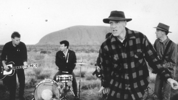 A 1986 photo of Midnight Oil touring aboriginal communities.